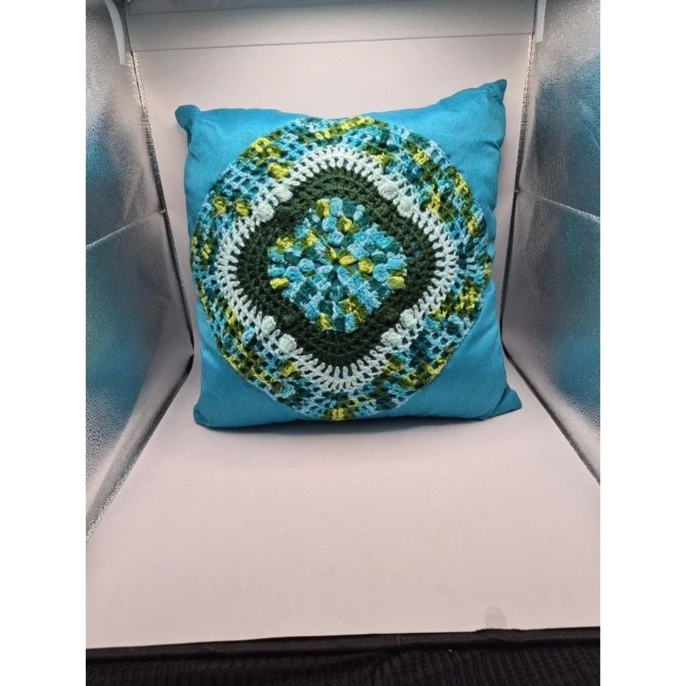 Crochet Granny Square Floral Boho Mandala Pillow Teal Green Yellow 16